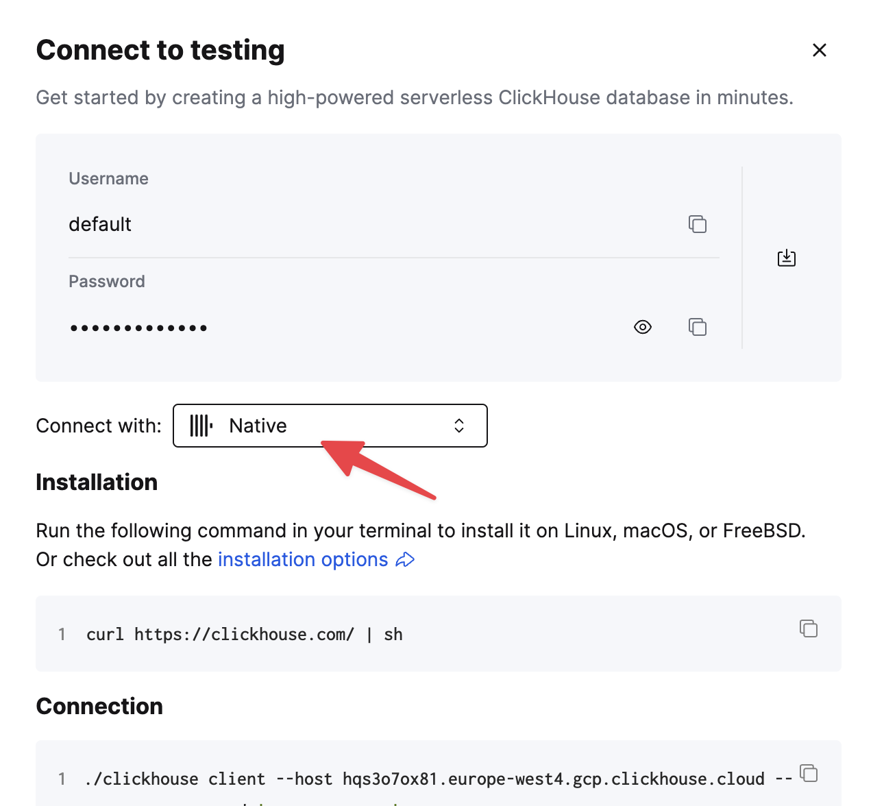 ClickHouse Cloud Native TCP connection details